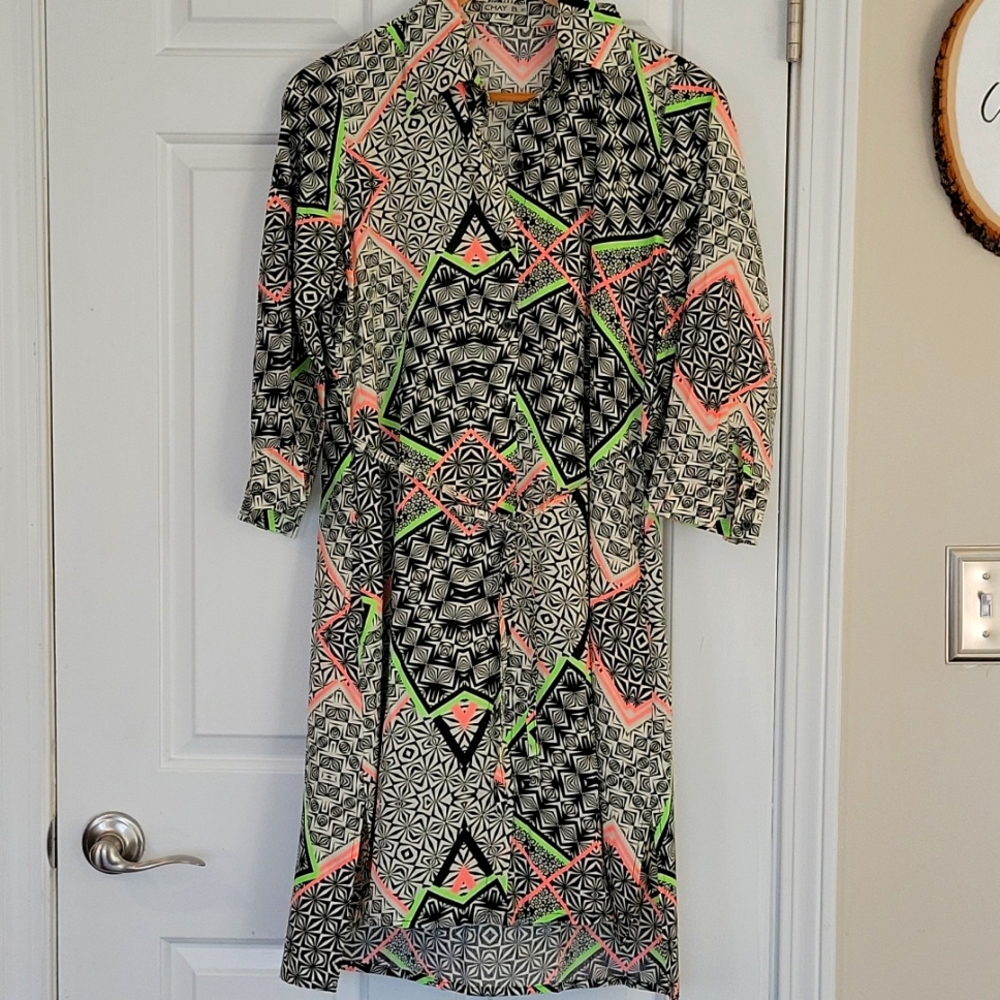 Vintage Psychedelic Dress With Pockets Black White Pink Green Size: M